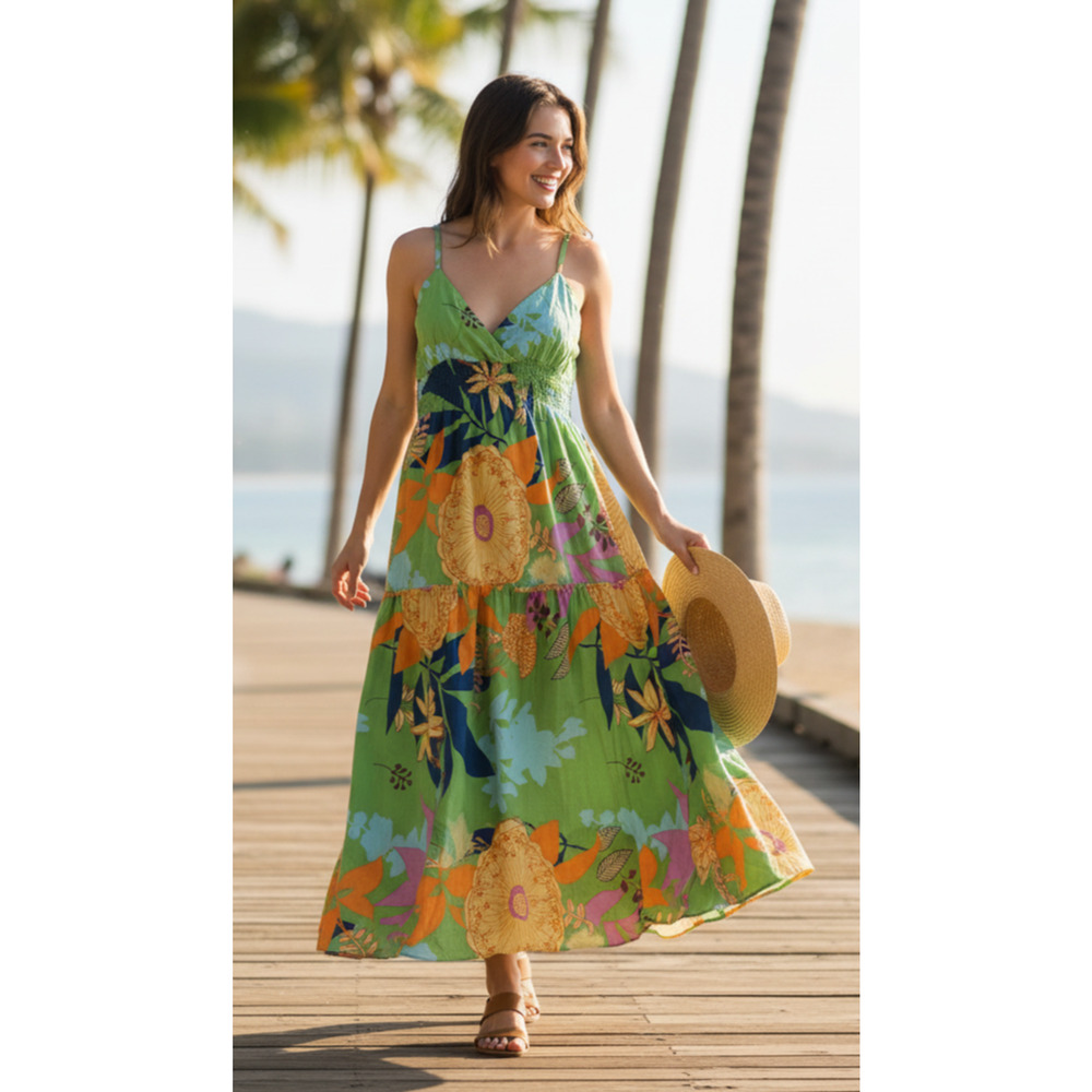 Maxi Dress Sundress Brightly Colored tiered floral ruffle Y2K sz XL Smocked